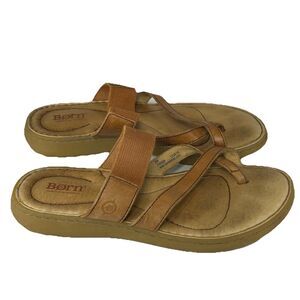 BORN NEVIS Thong Strap Sandals Leather Slides Elastic Strap Brown 8M